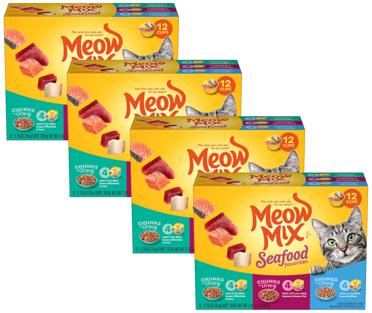 Meow Mix Seafood Favorites, Wet Food Variety Pack, 12 Cups