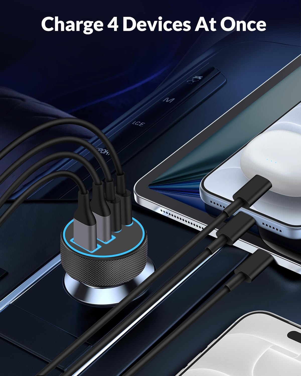 USB C Car Charger, 4-Port 90W Super Fast Charging Cigarette Lighter Adapter