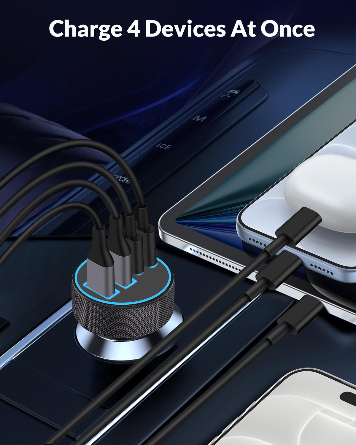 USB C Car Charger, 4-Port 90W Super Fast Charging Cigarette Lighter Adapter