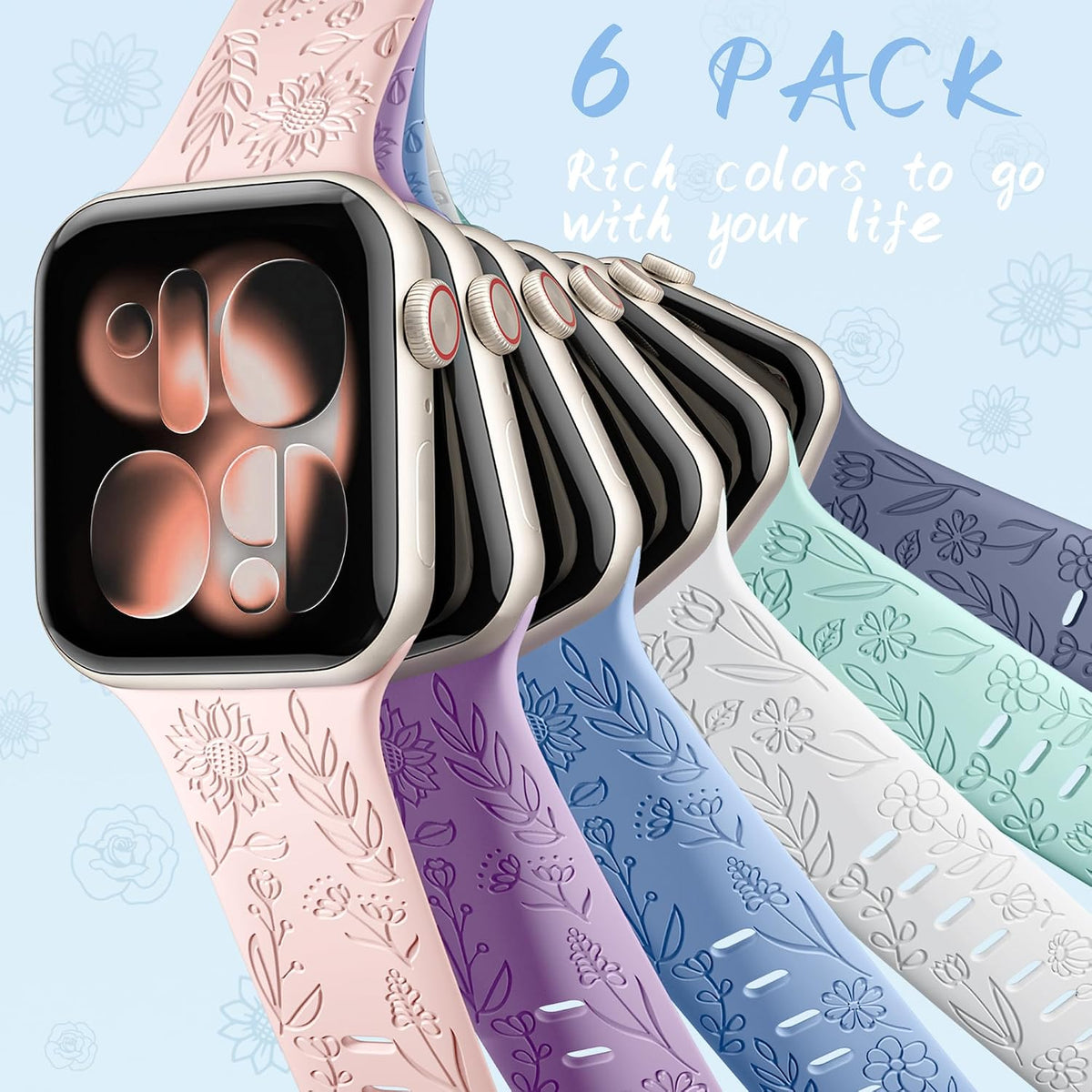 6 Pack Floral Engraved Bands Compatible with Apple Watch for Women