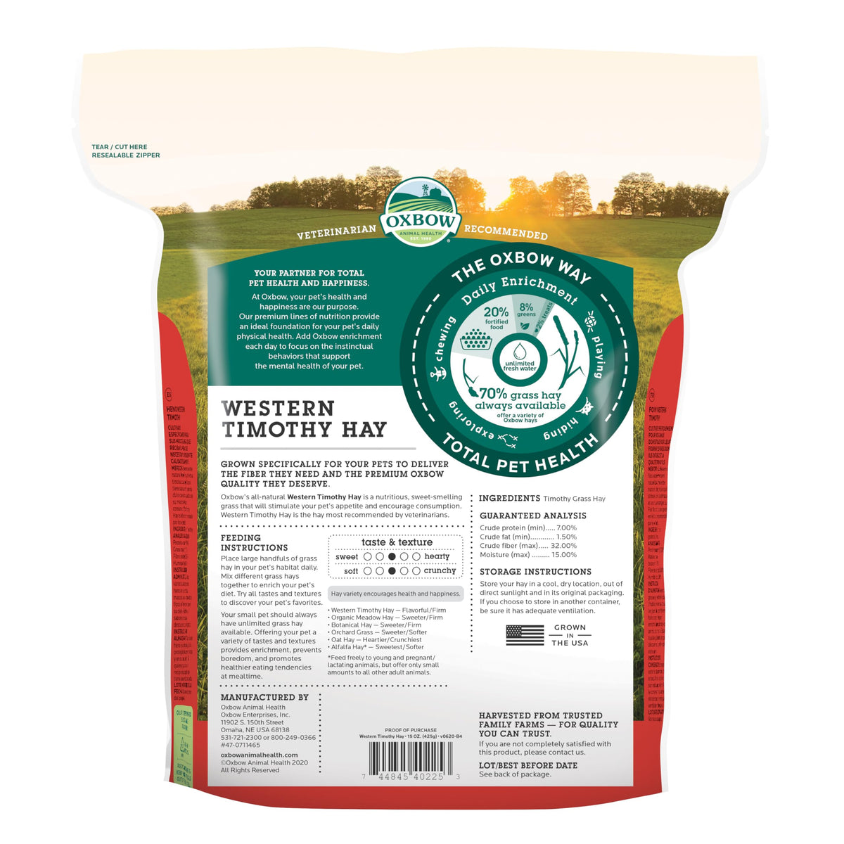 Oxbow Western Timothy Hay, Rabbit & Guinea Pig Hay, High Fiber, USA, 90 oz