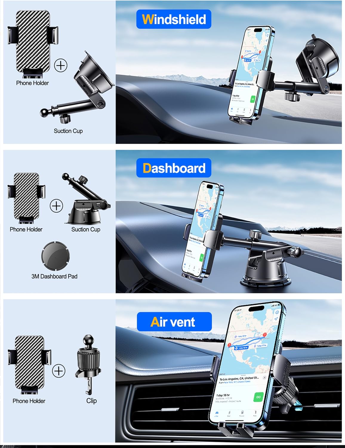 Qifutan Dash Mounted Holders Phone Holders for Your Car Phone Mount for Car Windshield Dashboard Air Vent Universal Pads Mats Mounts Hands Free Automobile Cell Phone Holder Fit for iPhone Smartphone