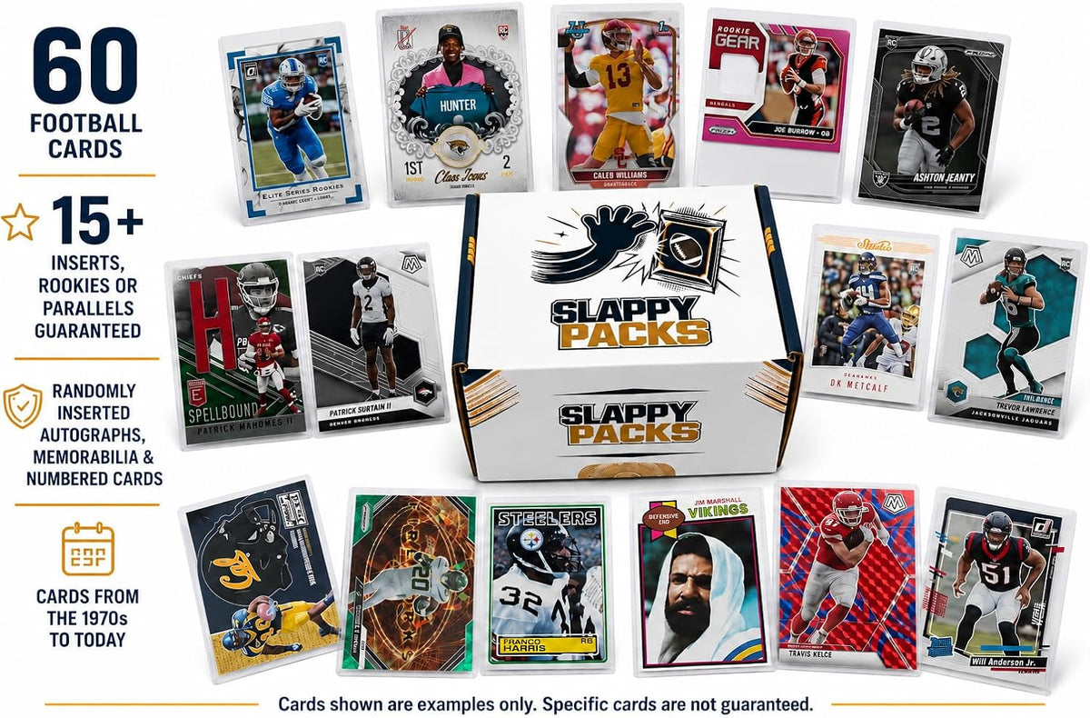 Football Card Repack Lot - 60 Assorted Cards with 15+ Rookies, Inserts, Parallels - Slappy Packs - Sports Collectibles