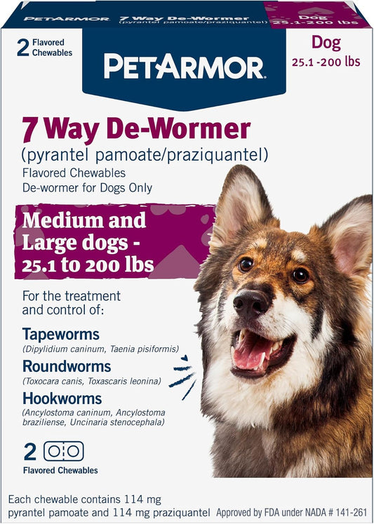 PetArmor 7 Way De-Wormer for Dogs, Oral Treatment for Tapeworm, Roundworm & Hookworm in Large Dogs & Puppies (Over 25 lbs), Worm Remover, Puppy Dewormer (Praziquantel & Pyrantel Pamoate), 2 Chewables