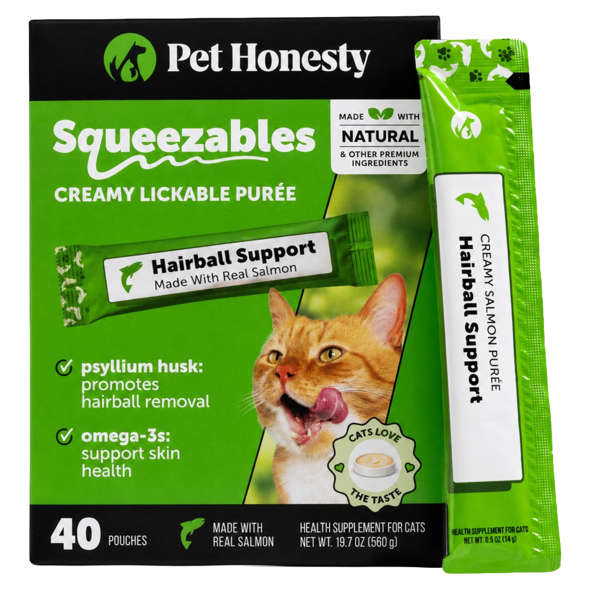 Pet Honesty Vet Backed Hairball Remedy Lickable Puree, Salmon, 20 Ct