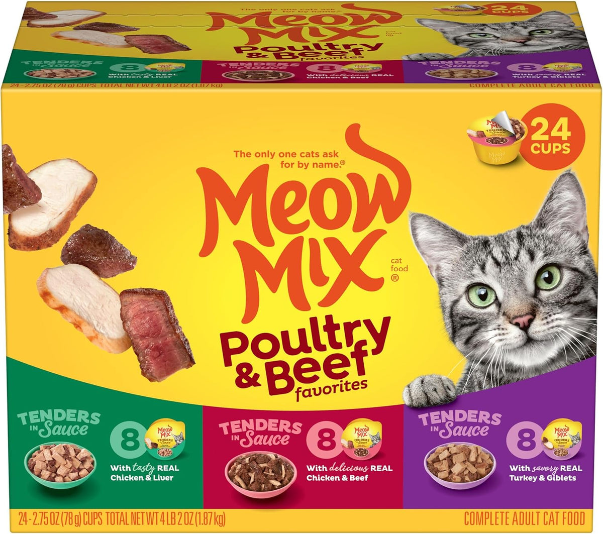 Meow Mix Poultry & Beef Favorites, Wet Food Variety Pack, 24 Cups