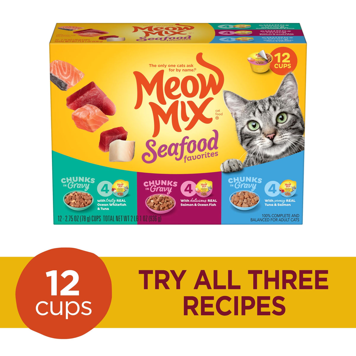 Meow Mix Seafood Favorites, Wet Food Variety Pack, 12 Cups