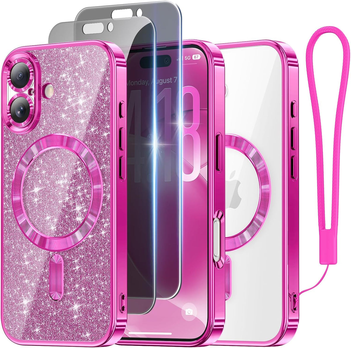 Meifigno for iPhone 16 Plus Case + HD & Privacy Tempered Glass, Hot Pink