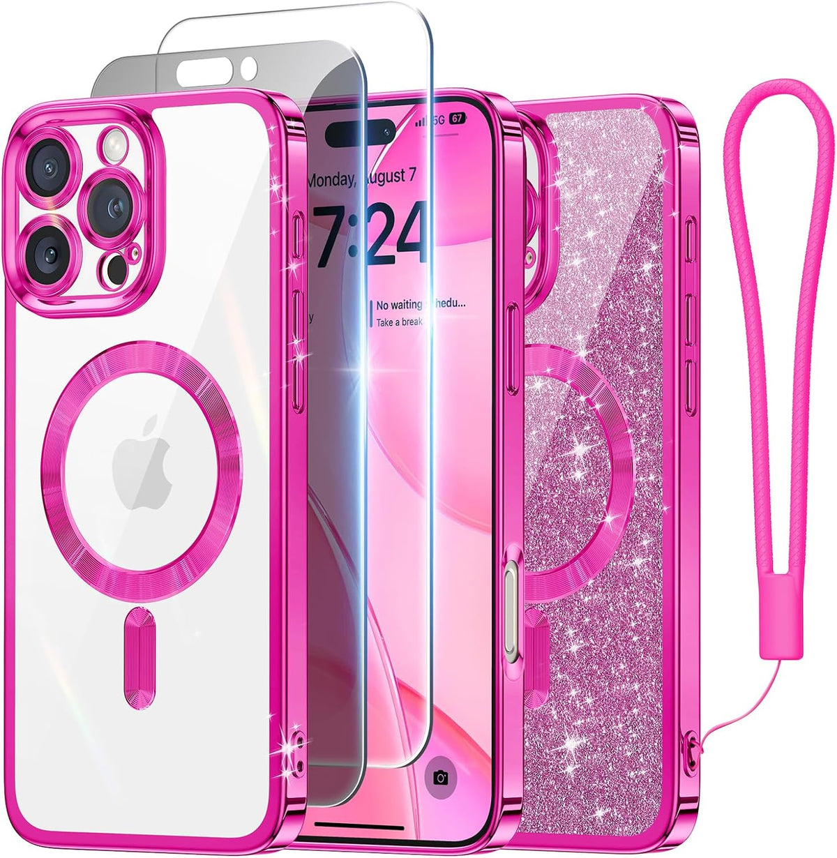 Meifigno for iPhone 16 Plus Case + HD & Privacy Tempered Glass, Hot Pink