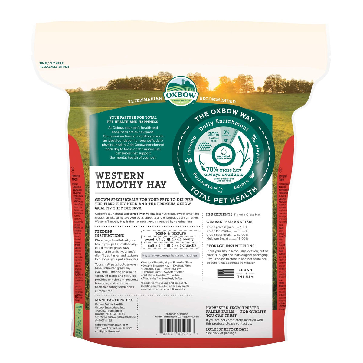 Oxbow Western Timothy Hay, Rabbit & Guinea Pig Hay, High Fiber, USA, 90 oz