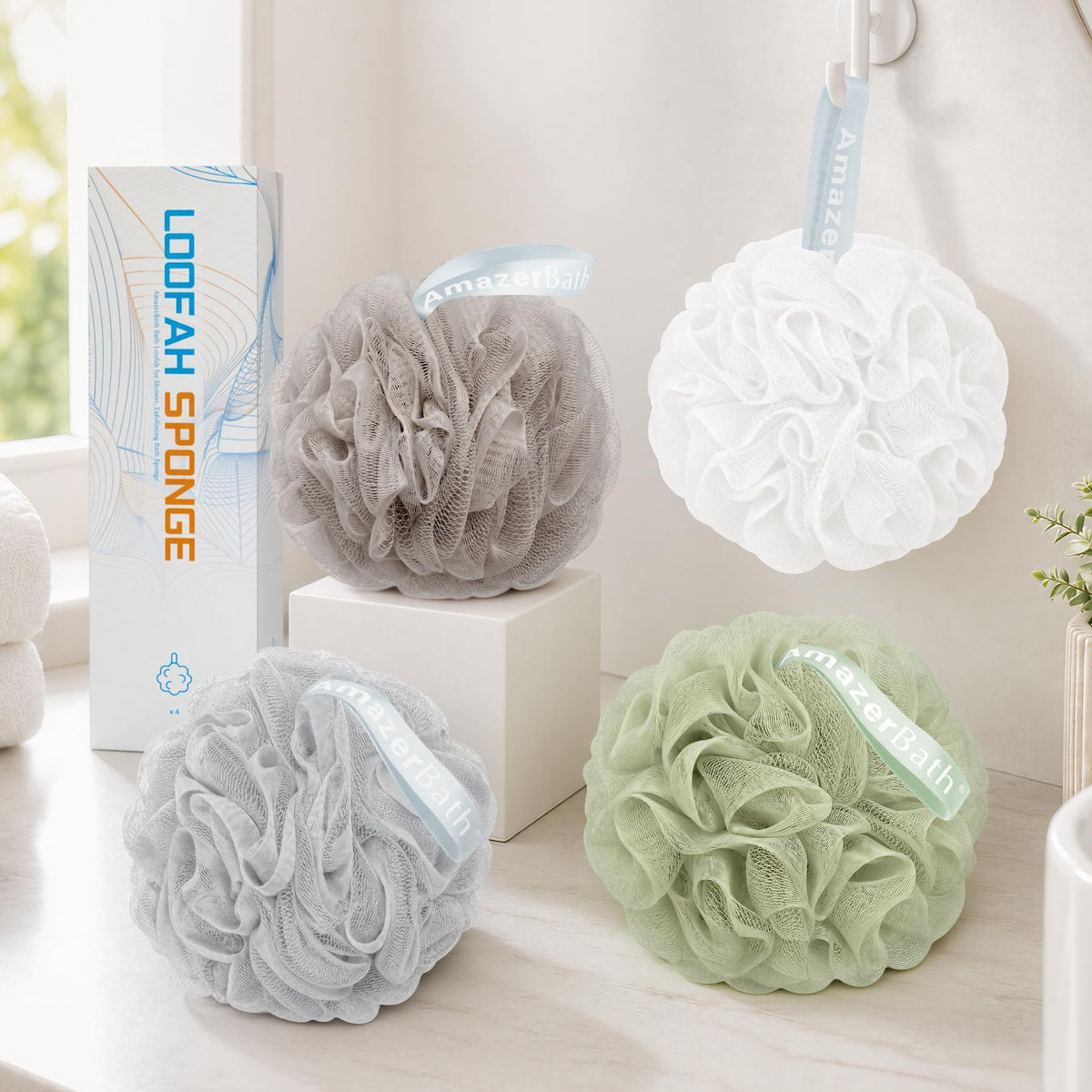 AmazerBath Loofah Sponge 75g/Piece, Exfoliating Bath Sponge Body Scrubber - Loofa Set of 4 Flower Color (Large, Green-Purple)