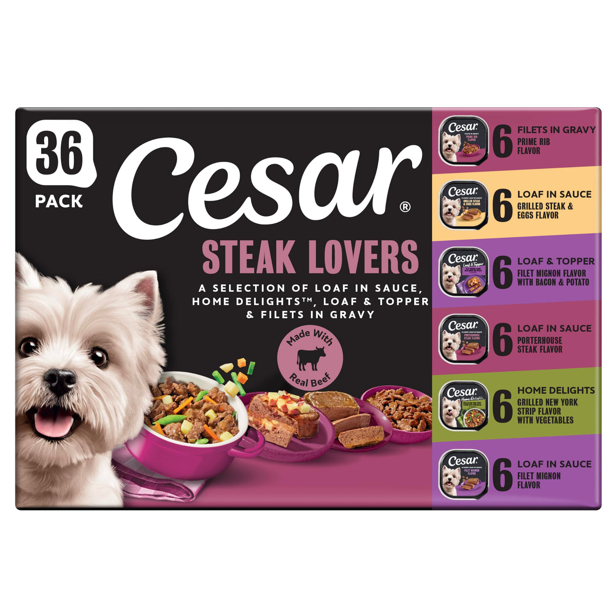 Cesar Wet Dog Food, Steak & Chicken Lovers Variety Pack, 3.5 oz, 36 count