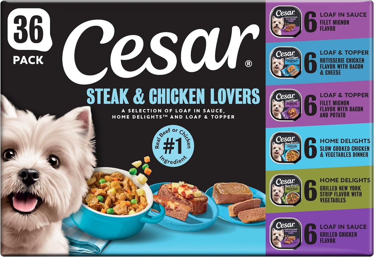 Cesar Wet Dog Food, Steak & Chicken Lovers Variety Pack, 3.5 oz, 36 count