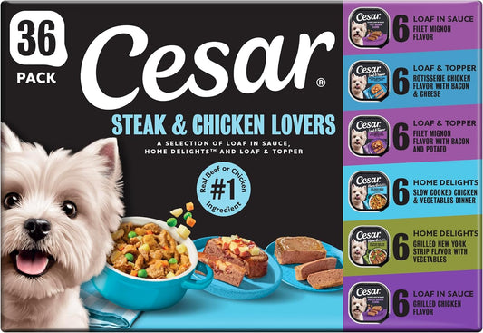 Cesar Wet Dog Food, Steak & Chicken Lovers Variety Pack, 3.5 oz, 36 count