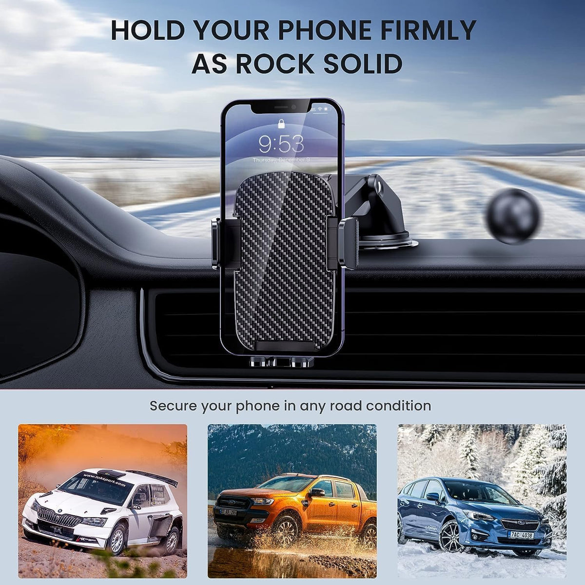Qifutan Car Phone Holder Mount Phone Mount for Car Windshield/Dashboard/Air Vent Holder for iPhone & Android Smartphone, 360° Adjustable, Cell Phone Camera Mounts