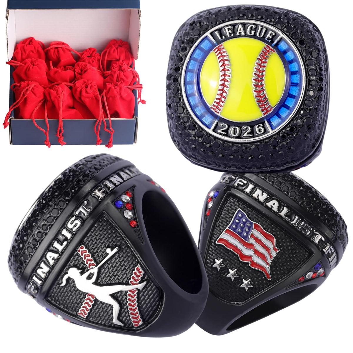 12 pcs Pack Date 2026 League Softball Sports Awards Championship Trophy Ring Size 9.5 Softball League Awards,Softball Team Awards,Softball Players Awards