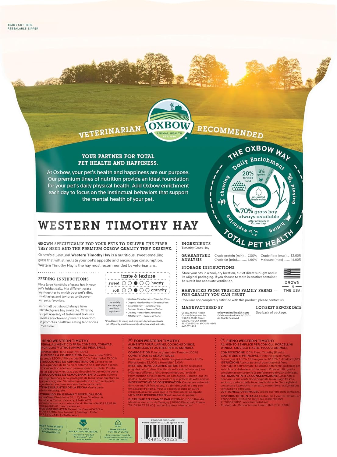 Oxbow Western Timothy Hay, Rabbit & Guinea Pig Hay, High Fiber, USA, 90 oz