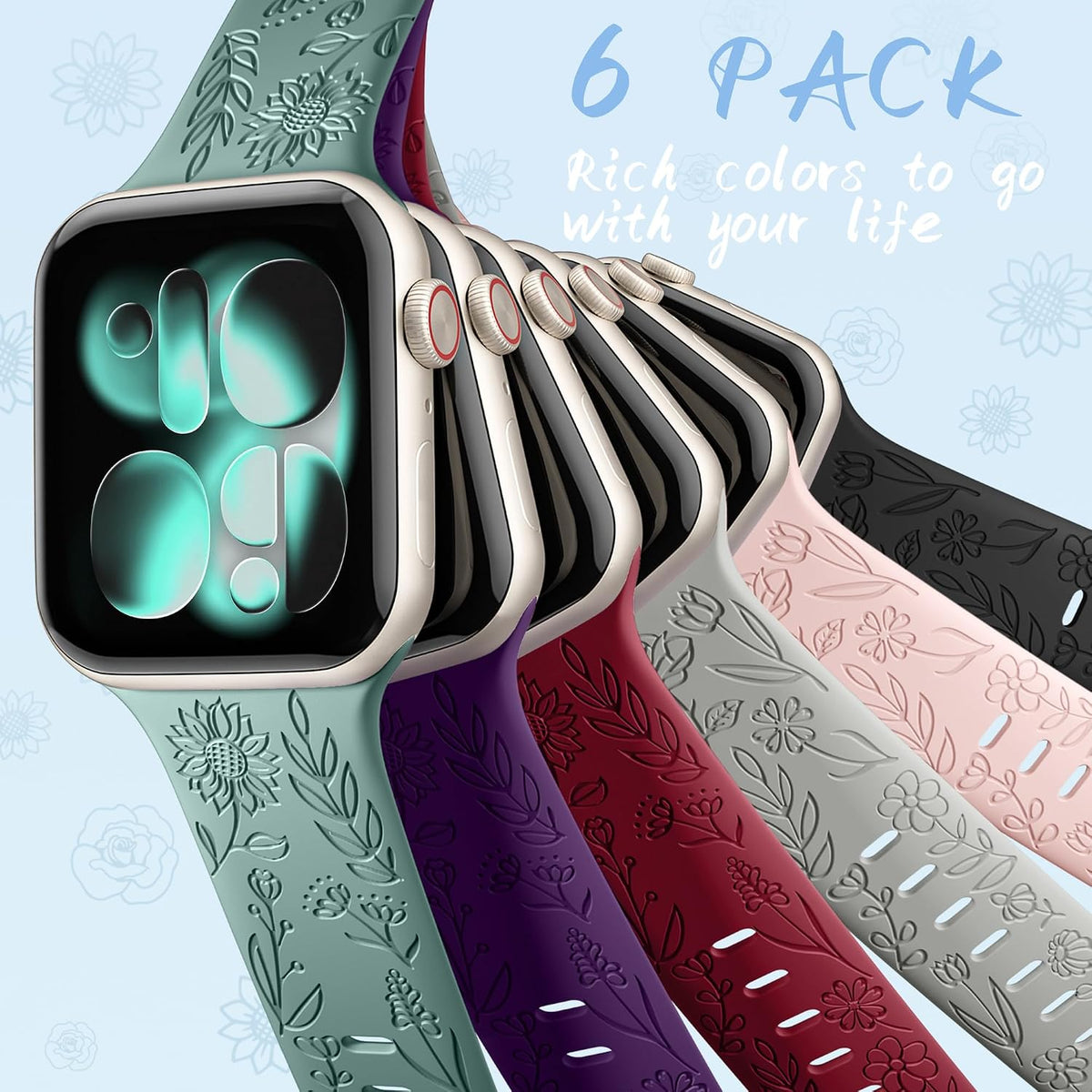 6 Pack Floral Engraved Bands Compatible with Apple Watch for Women