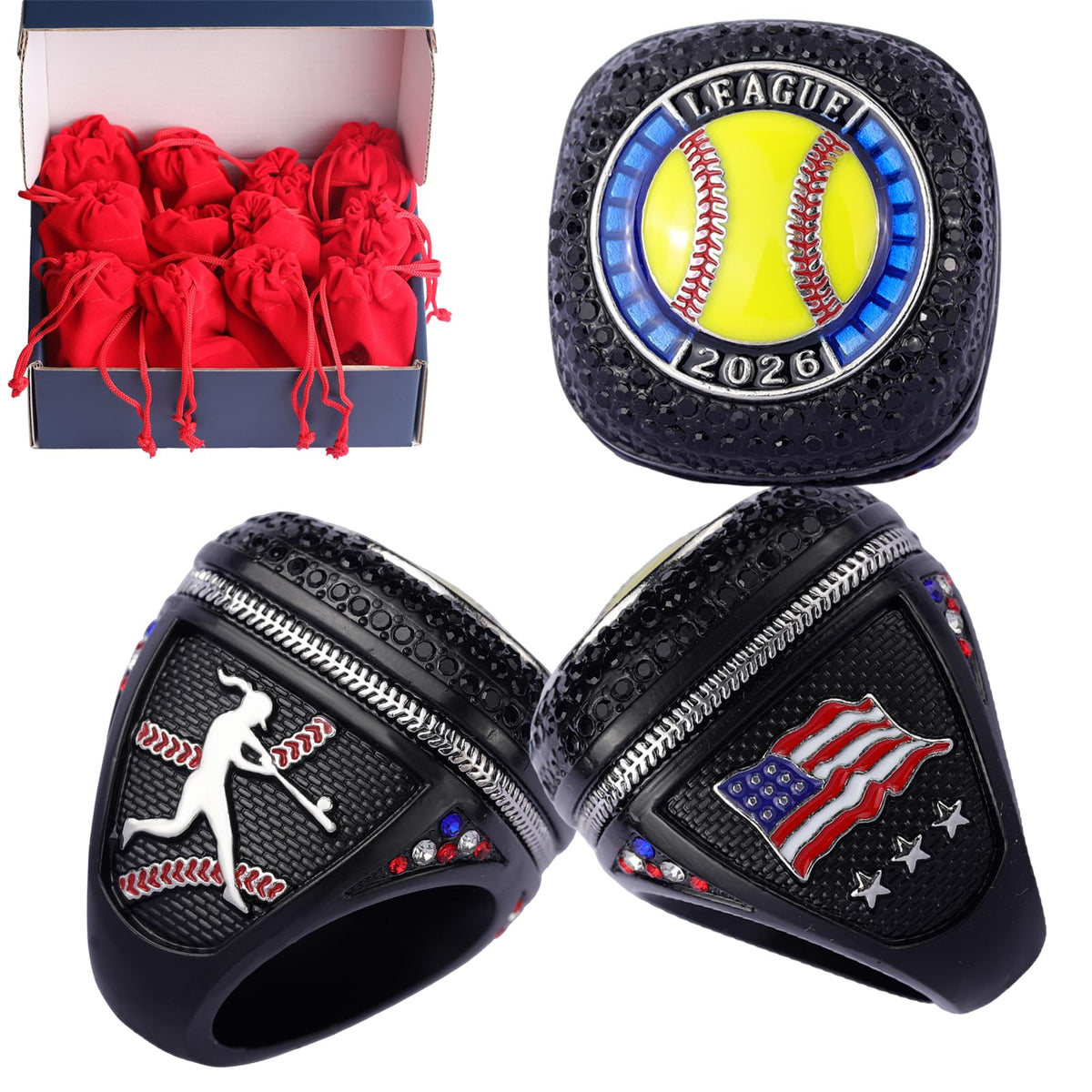 12 pcs Pack Date 2026 League Softball Sports Awards Championship Trophy Ring Size 9.5 Softball League Awards,Softball Team Awards,Softball Players Awards