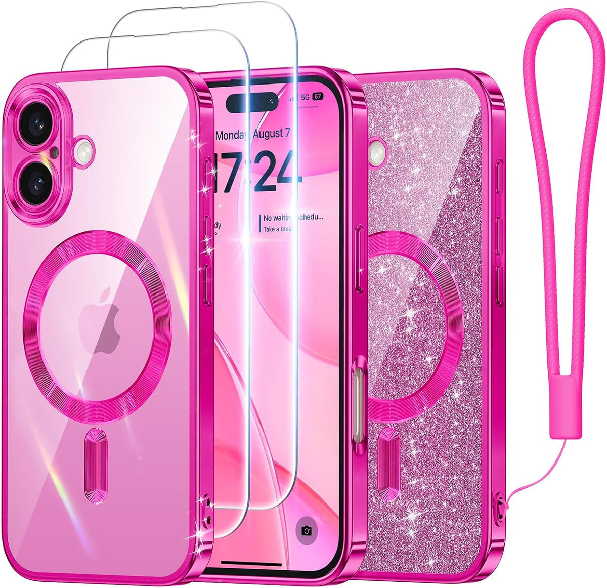 Meifigno for iPhone 16 Plus Case + HD & Privacy Tempered Glass, Hot Pink