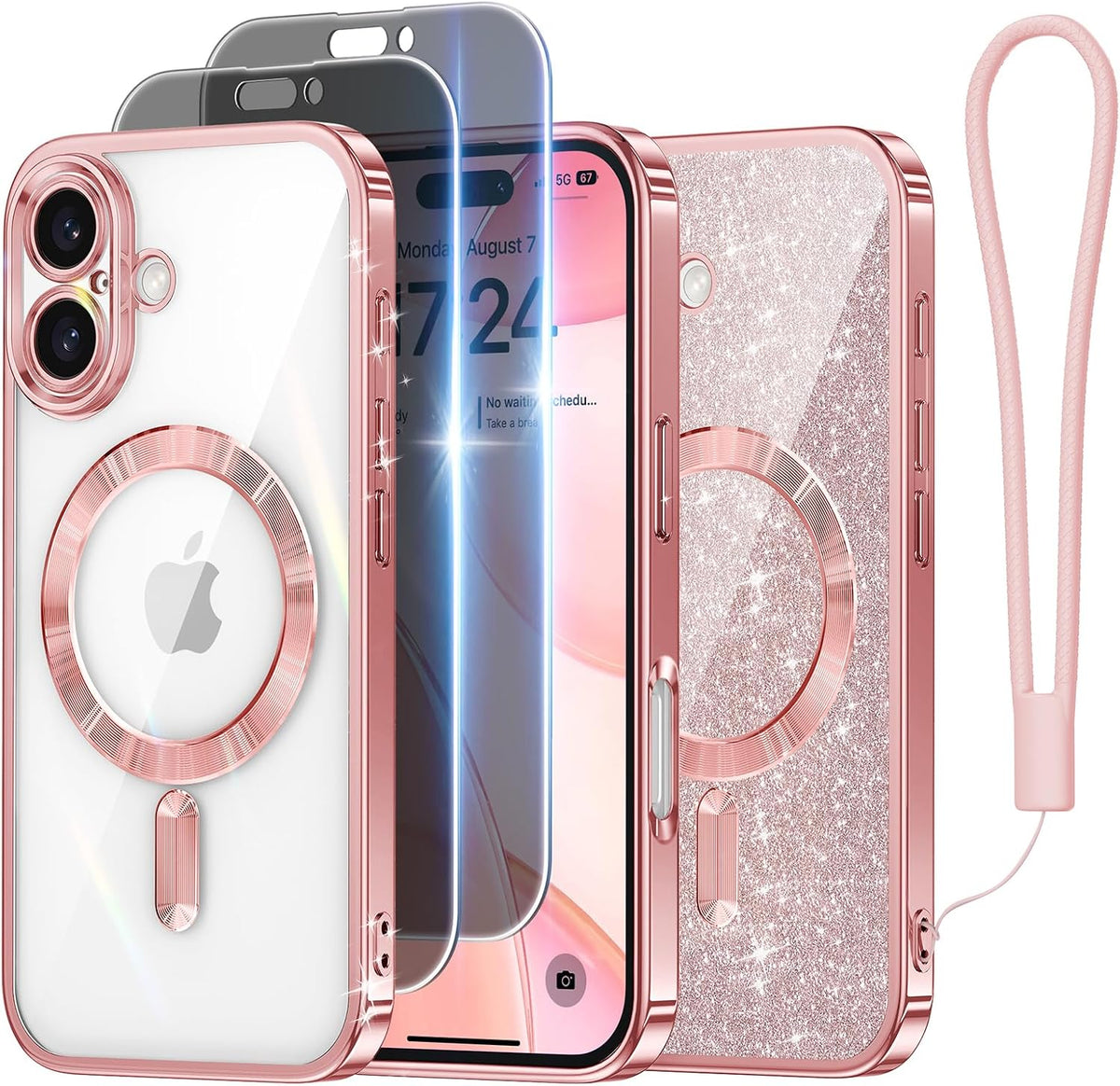 Meifigno for iPhone 16 Plus Case + HD & Privacy Tempered Glass, Hot Pink