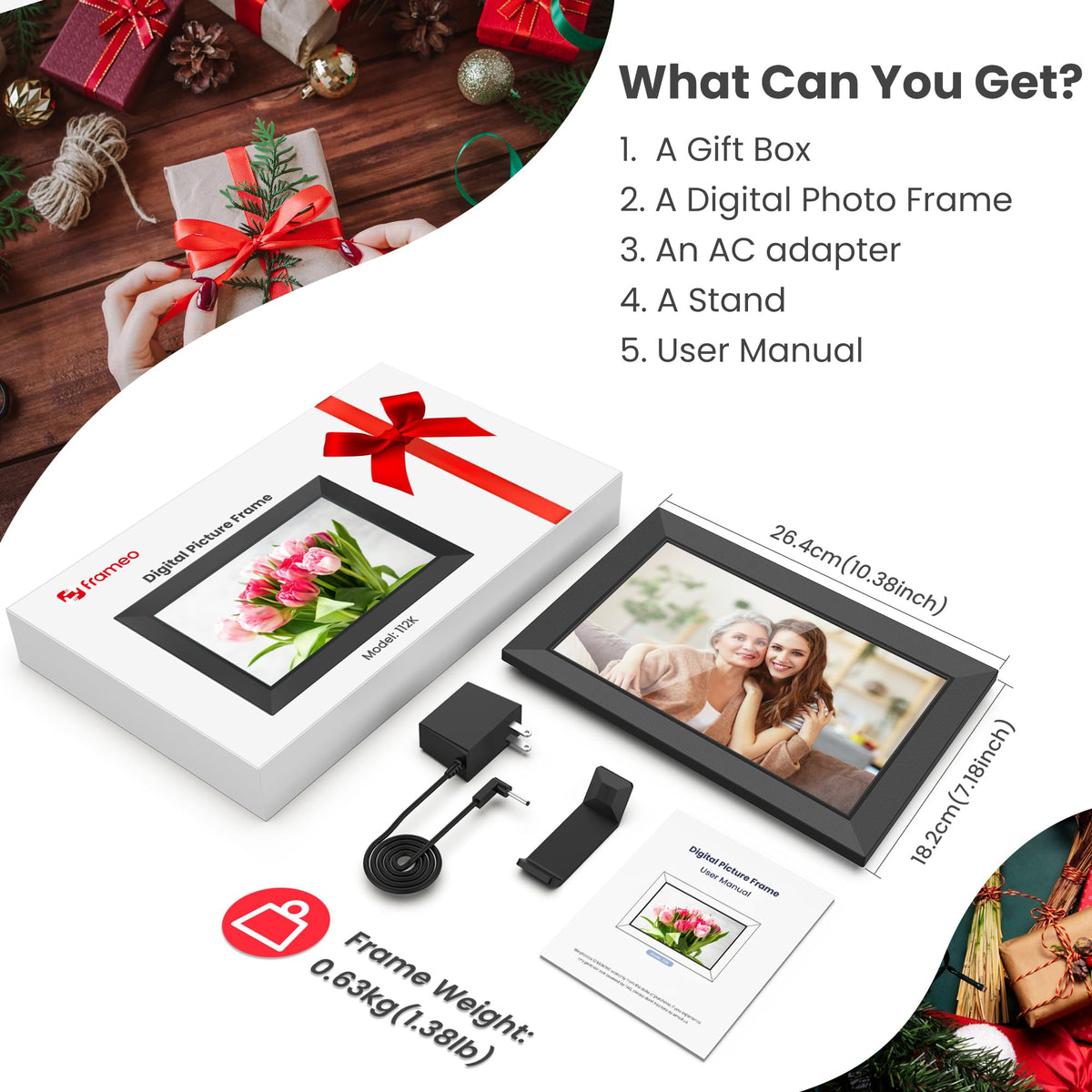 Frameo WiFi Digital Photo Frame 10.1 Inch - 1280x800 HD IPS Touch Screen Picture Frame Electronic, 32GB Memory, Auto Rotate, Wall Mountable, Digital PictureFrame for Sharing Photos and Videos