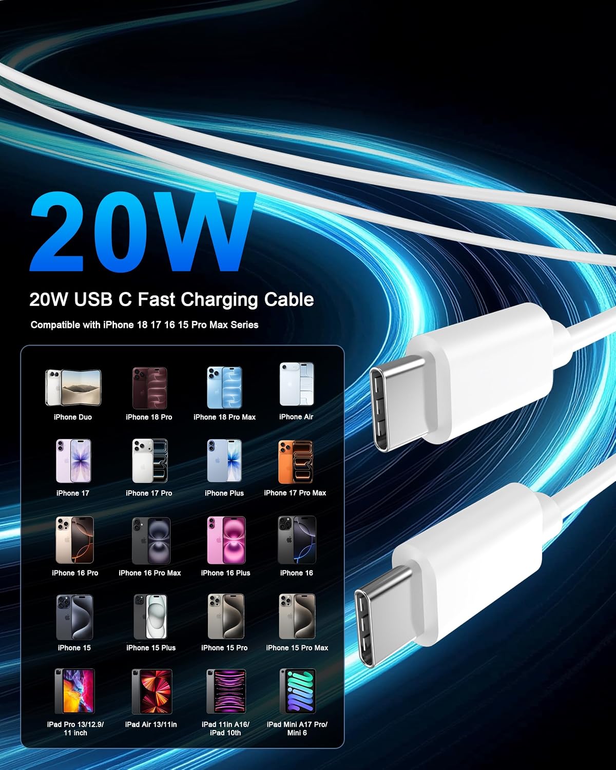iPhone 18 17 16 15 Charger Fast Charging 10FT 20W USB C Charger Block Cable