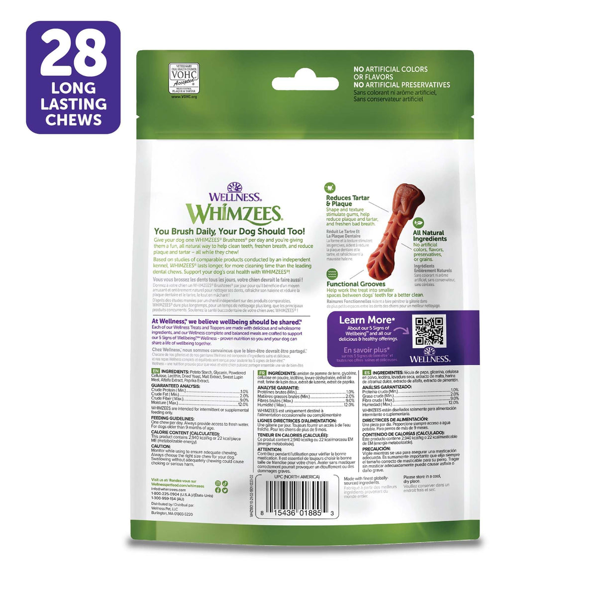 Whimzees Wellness Brushzees Natural Dog Dental Treat, VOHC Accepted Chews, Freshens Breath, Extra-Small Size, 12.7 oz Bag, 48 Count