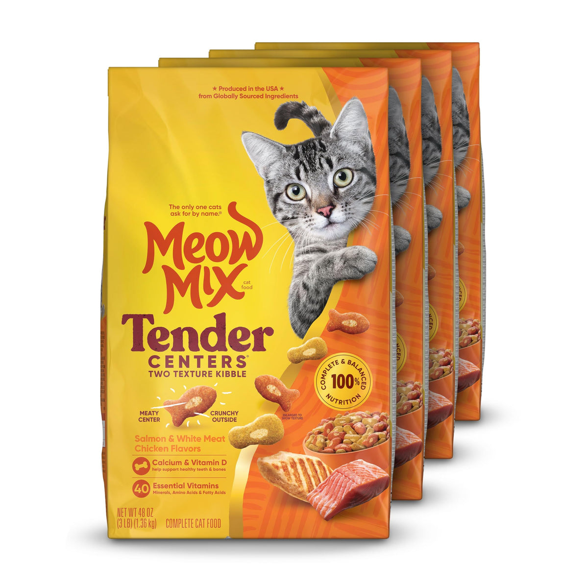 Meow Mix Tender Centers, Dry Cat Food, Salmon & Turkey Flavors, 4 Bags