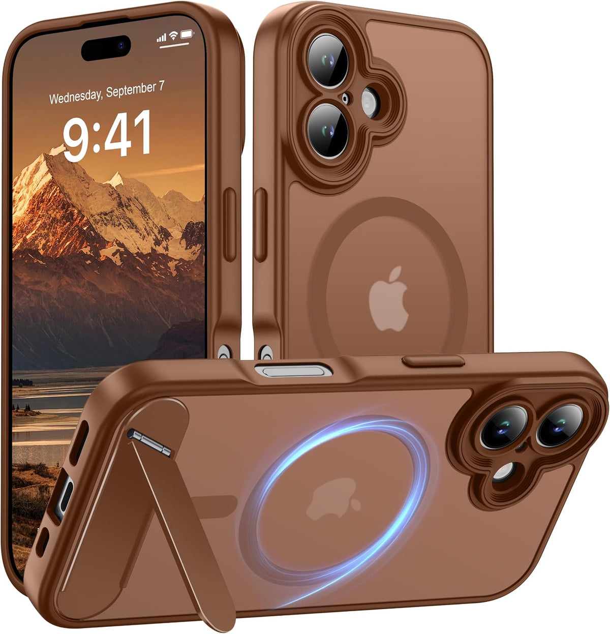 Magnetic Compatible with iPhone 16 Case, [Built-in Kickstand][Full Camera Protection][Compatible with MagSafe][Anti-Fingerprint] Shockproof Phone Case for iPhone 16 6.1",Brown