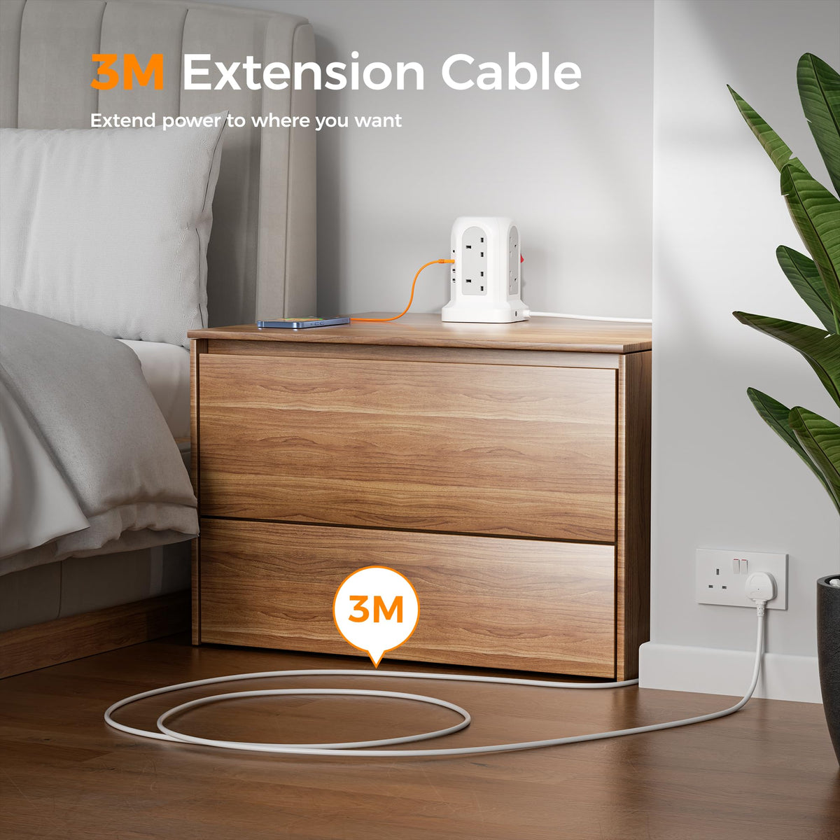 TESSAN 8 Way Black Tower Extension Lead 2M with 4 USB Slots (2 USB C)