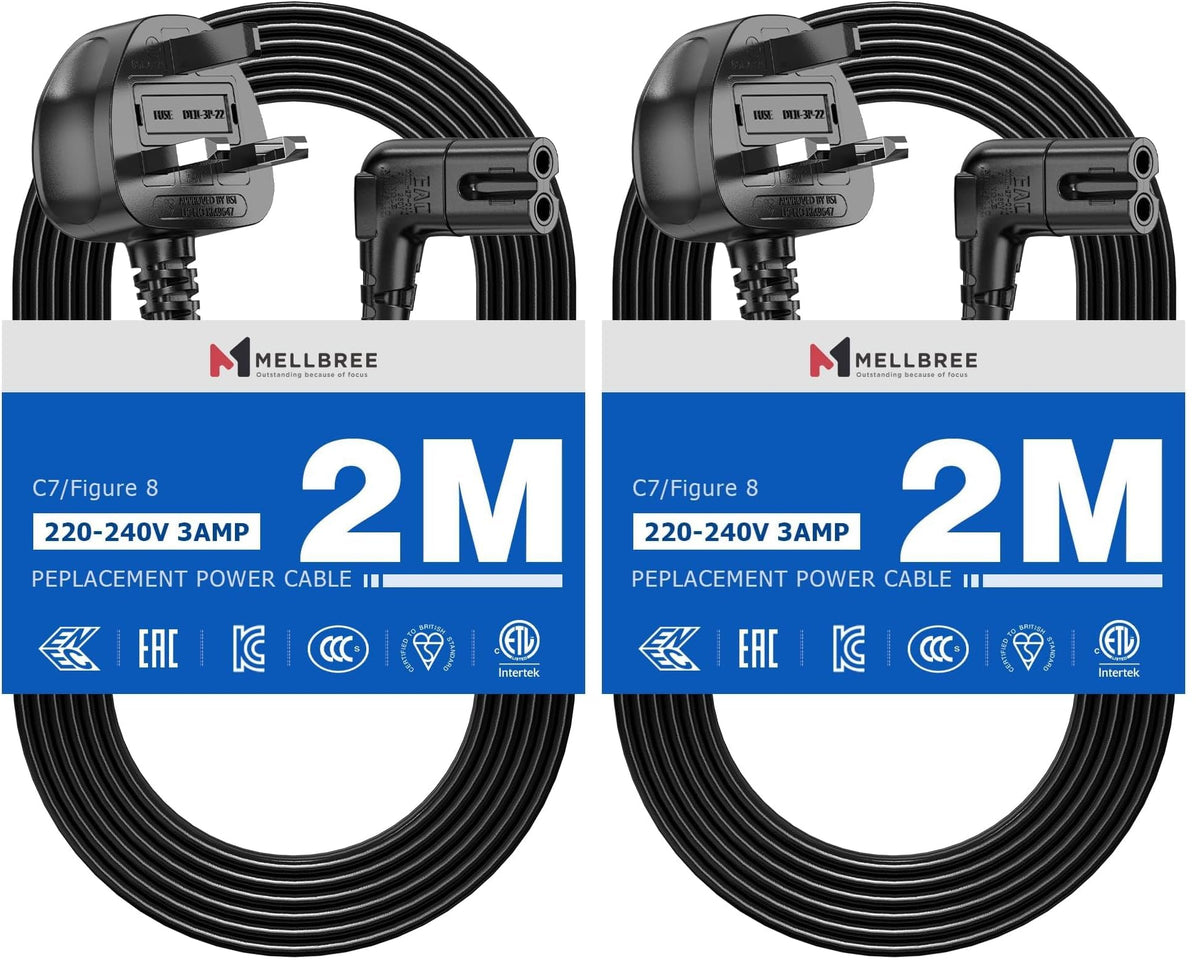 Power Cable Compatible with Samsumg TV 3M, Mellbree Quality Safe Right Angle Suitable for Awkward Space Figure 8 Power Cable Compatible with Samsung, LG, Panasonic TV Black