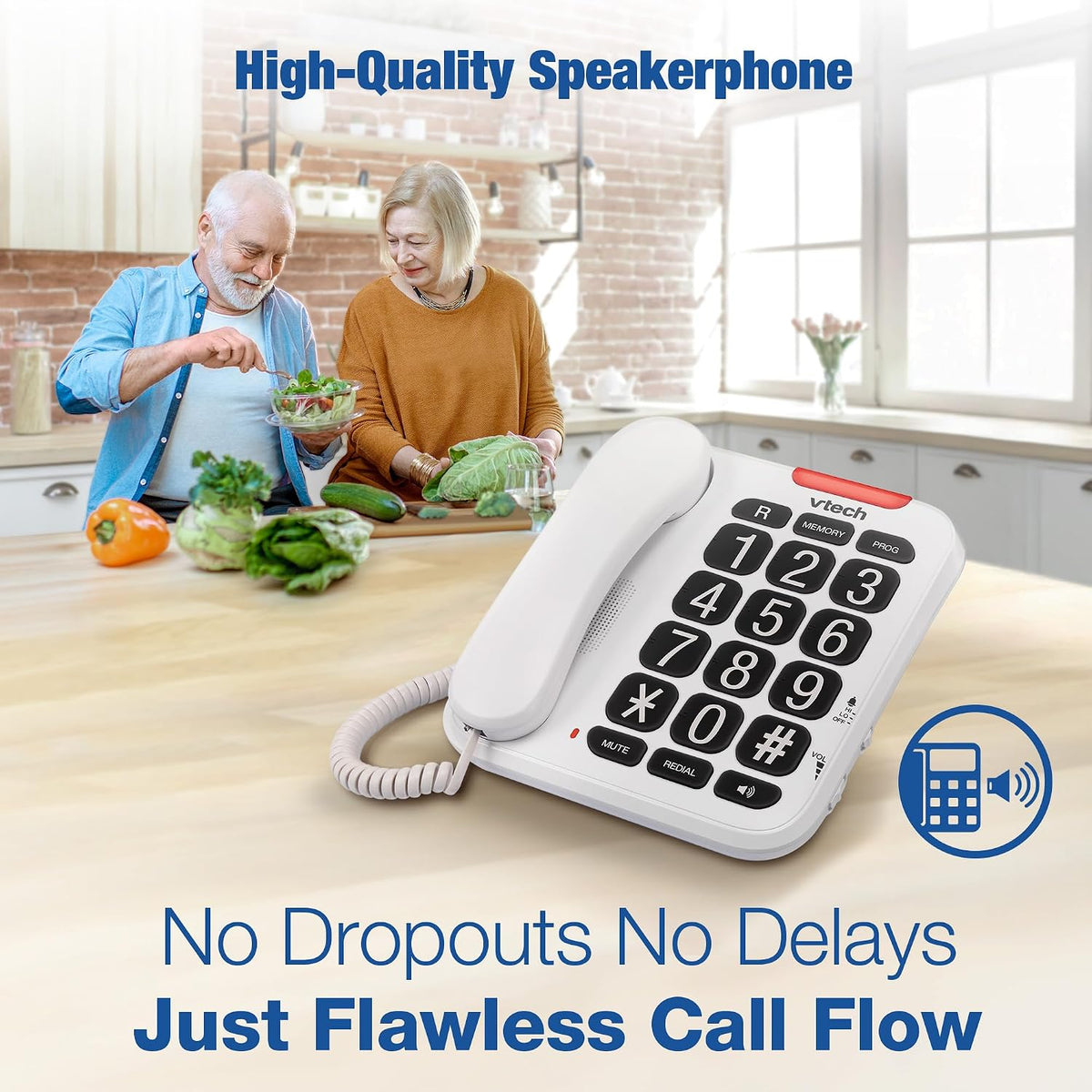 Vtech SA3100 Corded Senior Phone for Elderly with High-Contrast Large Buttons,Multilingual Talking Digits,Visual Ringer,Speed Dial,Speakerphone,No AC Power,Earpiece and Speakerphone Volume Control