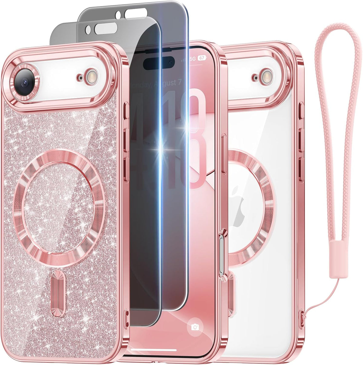 Meifigno for iPhone 16 Plus Case + HD & Privacy Tempered Glass, Hot Pink
