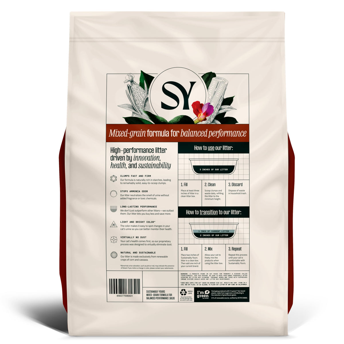 Sustainably Yours Natural Cat Litter, Small-Grain Formula, Exceptional Clumping & Odor Control, Virtually No Dust, Soft on Paws, Corn & Cassava Plant-Based, Unscented, 10 lbs