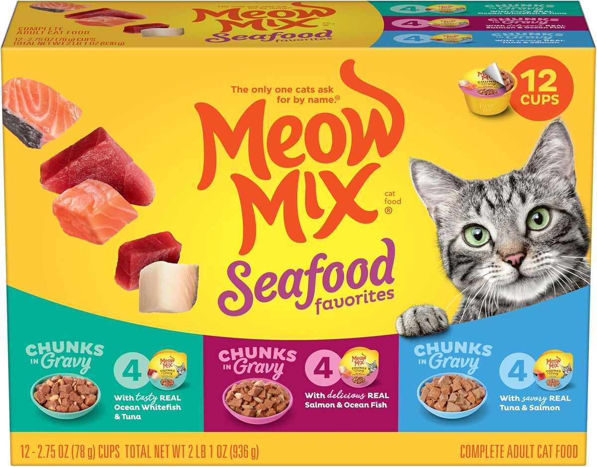 Meow Mix Seafood Favorites, Wet Food Variety Pack, 12 Cups