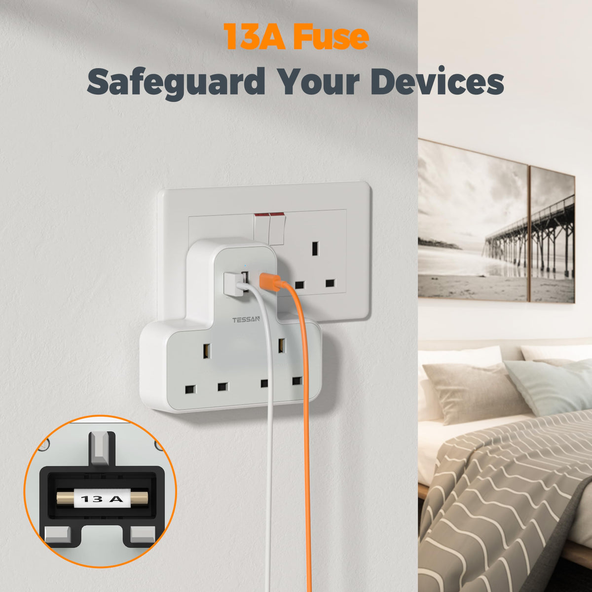 TESSAN USB Charger Plug Adapter UK (2 USB C), Double Plug Extension Socket