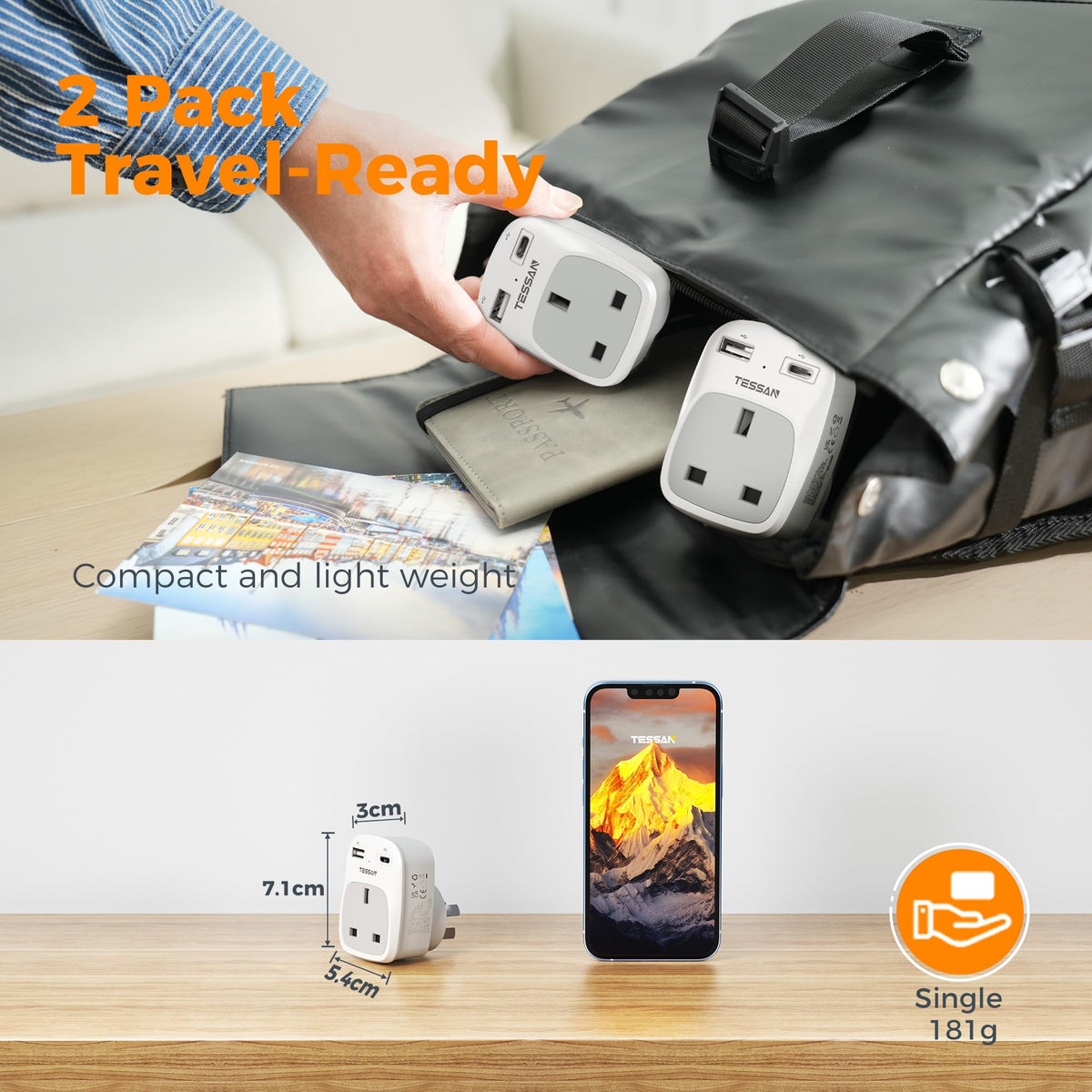 TESSAN UK to South Africa Plug Adapter, Type M Travel Adapter with USB C