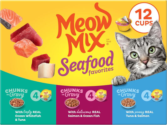 Meow Mix Seafood Favorites, Wet Food Variety Pack, 12 Cups