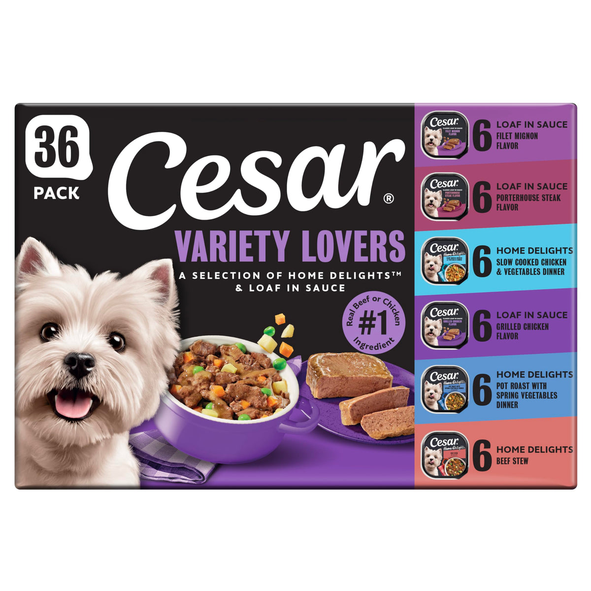 Cesar Wet Dog Food, Steak & Chicken Lovers Variety Pack, 3.5 oz, 36 count