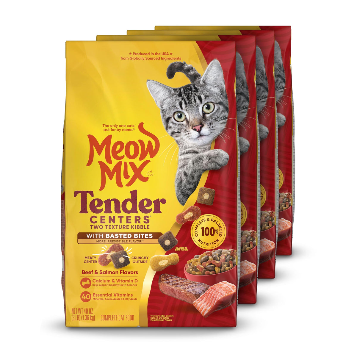 Meow Mix Tender Centers, Dry Cat Food, Salmon & Turkey Flavors, 4 Bags