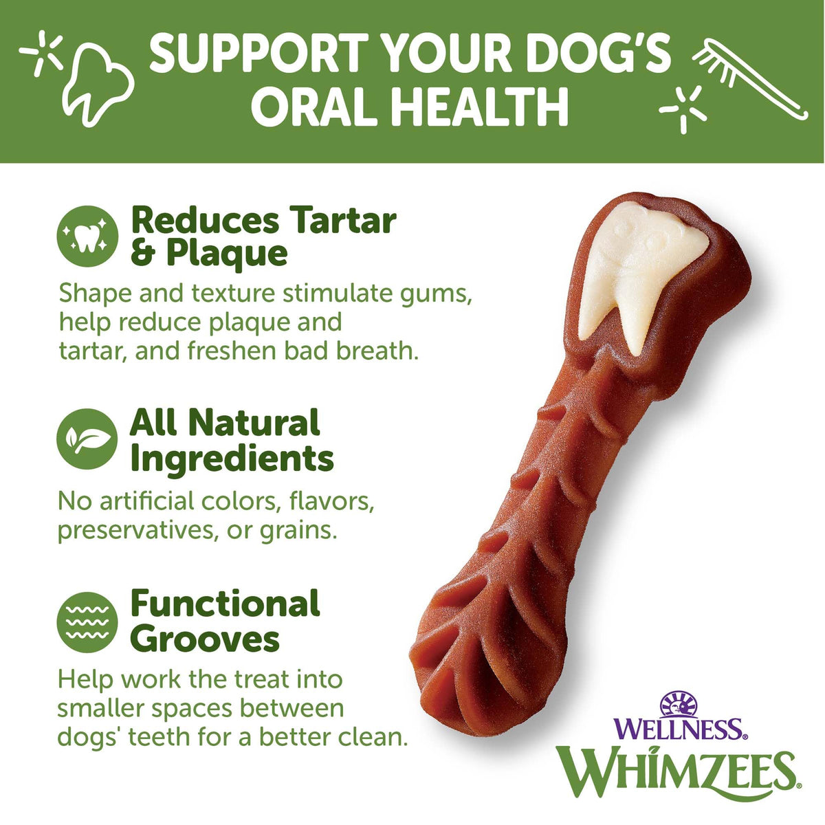 Whimzees Wellness Brushzees Natural Dog Dental Treat, VOHC Accepted Chews, Freshens Breath, Extra-Small Size, 12.7 oz Bag, 48 Count