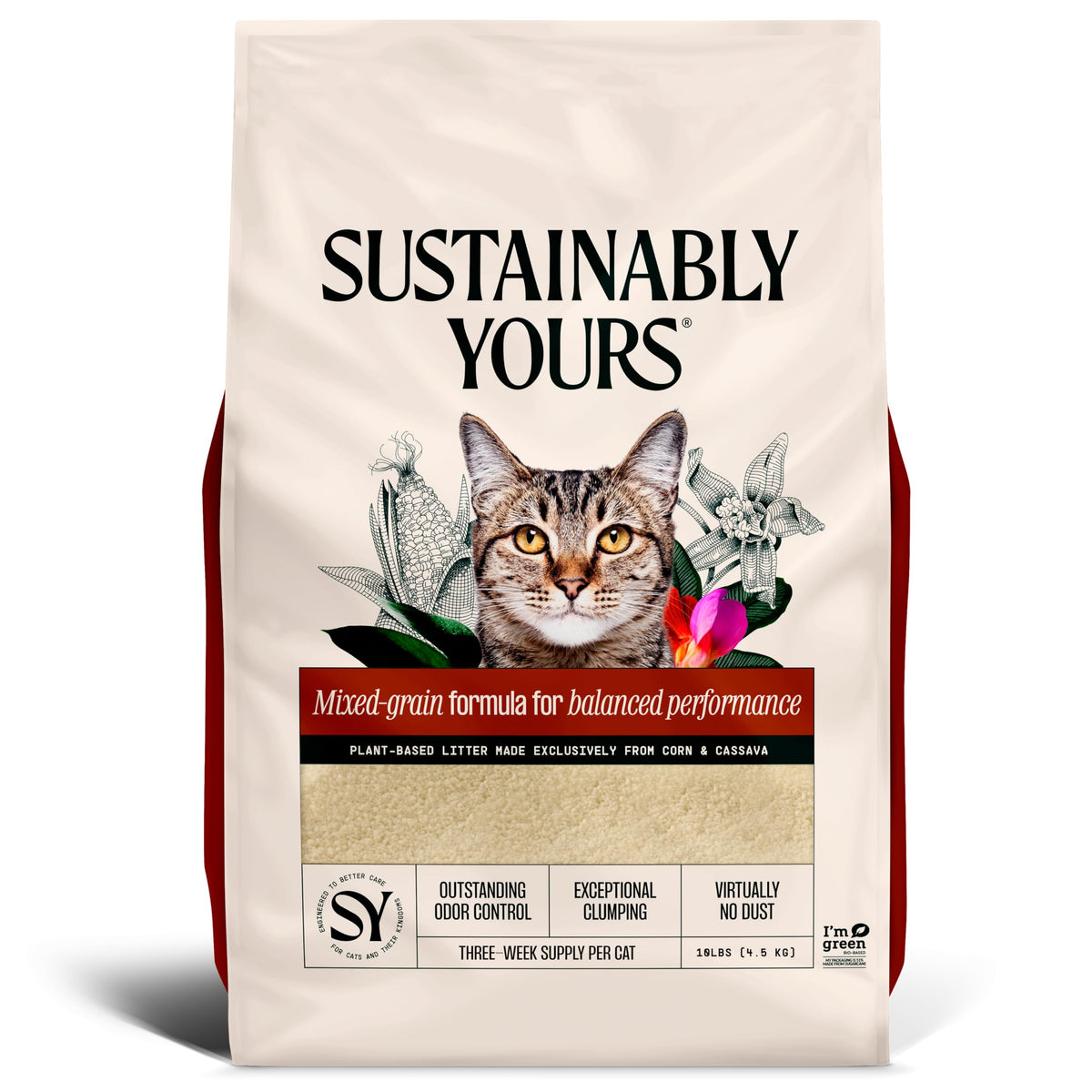 Sustainably Yours Natural Cat Litter, Small-Grain Formula, Exceptional Clumping & Odor Control, Virtually No Dust, Soft on Paws, Corn & Cassava Plant-Based, Unscented, 10 lbs