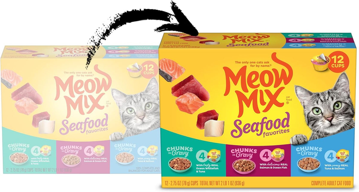 Meow Mix Seafood Favorites, Wet Food Variety Pack, 12 Cups