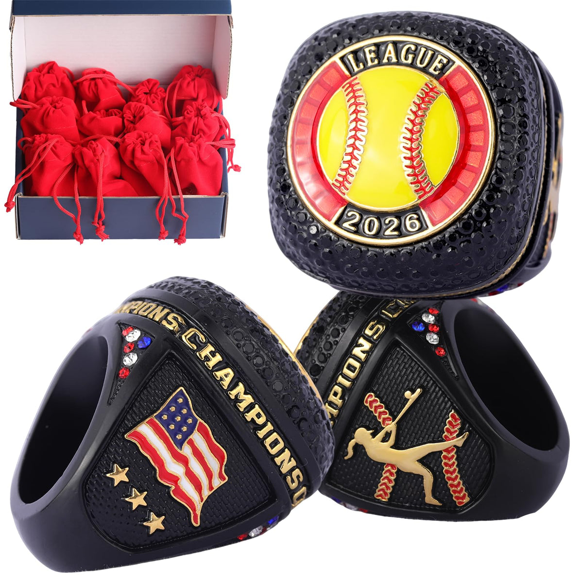 12 pcs Pack Date 2026 League Softball Sports Awards Championship Trophy Ring Size 9.5 Softball League Awards,Softball Team Awards,Softball Players Awards