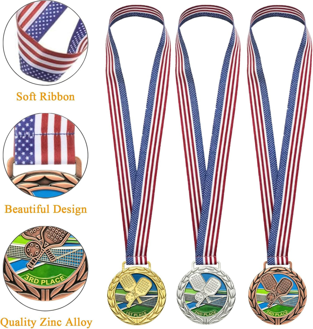 Donrime Pickleball Medals - 2.56 Inch 1st 2nd 3rd Place Award Medals with Ribbons Gold Silver Bronze Trophy for Kids Adults Award Prize Gift