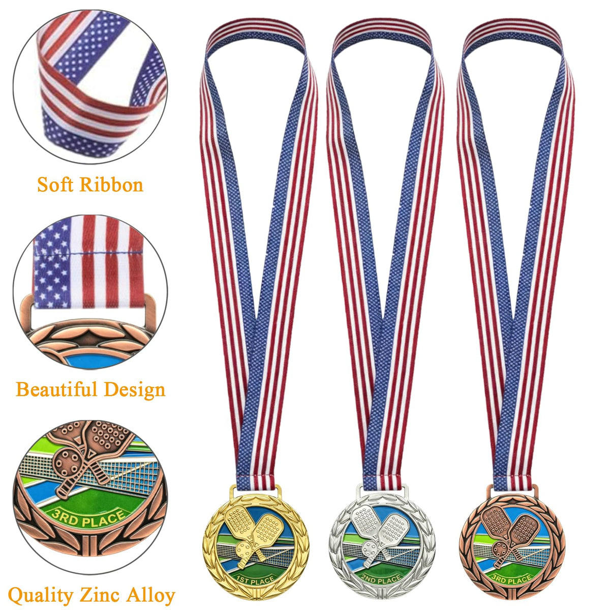 Donrime Pickleball Medals - 2.56 Inch 1st 2nd 3rd Place Award Medals with Ribbons Gold Silver Bronze Trophy for Kids Adults Award Prize Gift