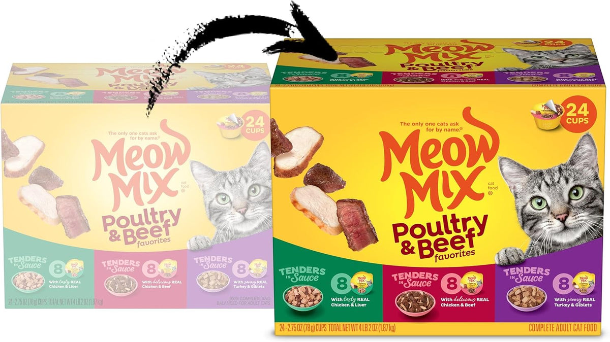 Meow Mix Poultry & Beef Favorites, Wet Food Variety Pack, 24 Cups
