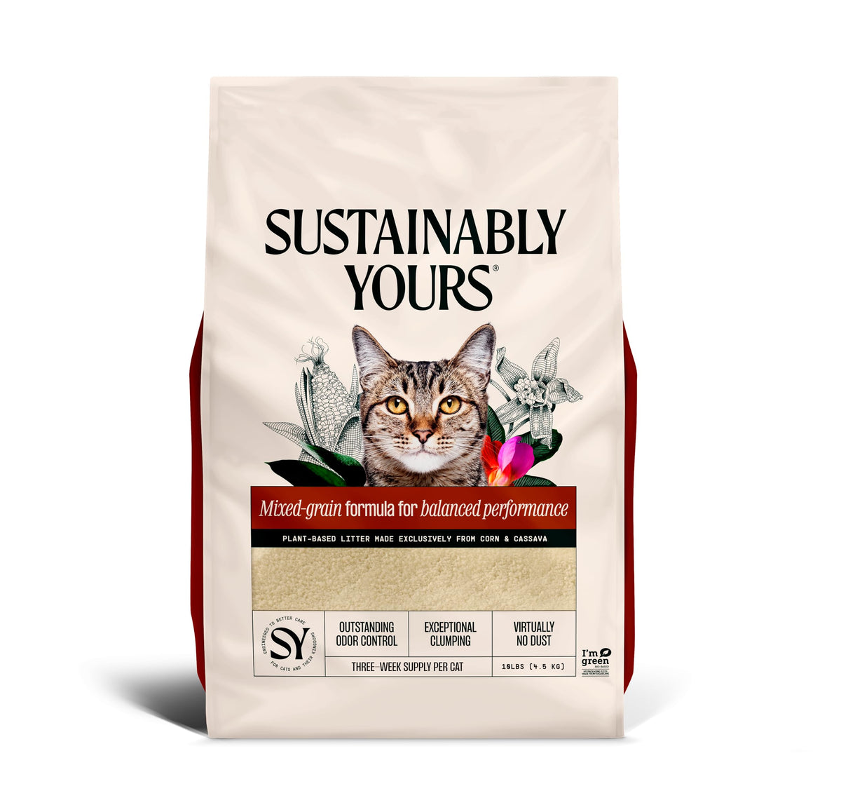 Sustainably Yours Natural Cat Litter, Small-Grain Formula, Exceptional Clumping & Odor Control, Virtually No Dust, Soft on Paws, Corn & Cassava Plant-Based, Unscented, 10 lbs