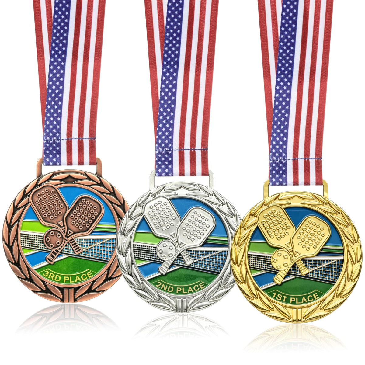 Donrime Pickleball Medals - 2.56 Inch 1st 2nd 3rd Place Award Medals with Ribbons Gold Silver Bronze Trophy for Kids Adults Award Prize Gift